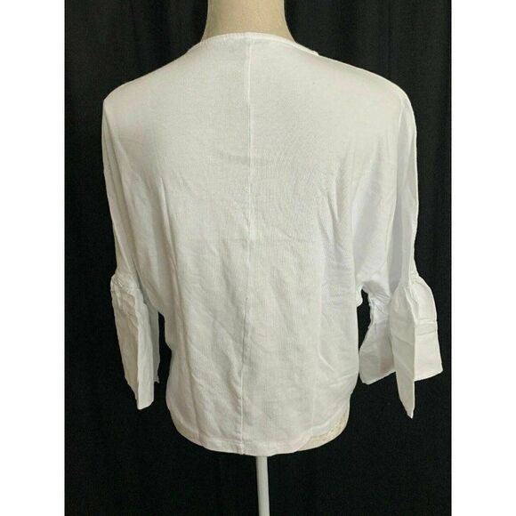 Zara Womens Solid White Long Sleeve Bell Sleeve Crew Neck Top T Shirt Small - Picture 4 of 6